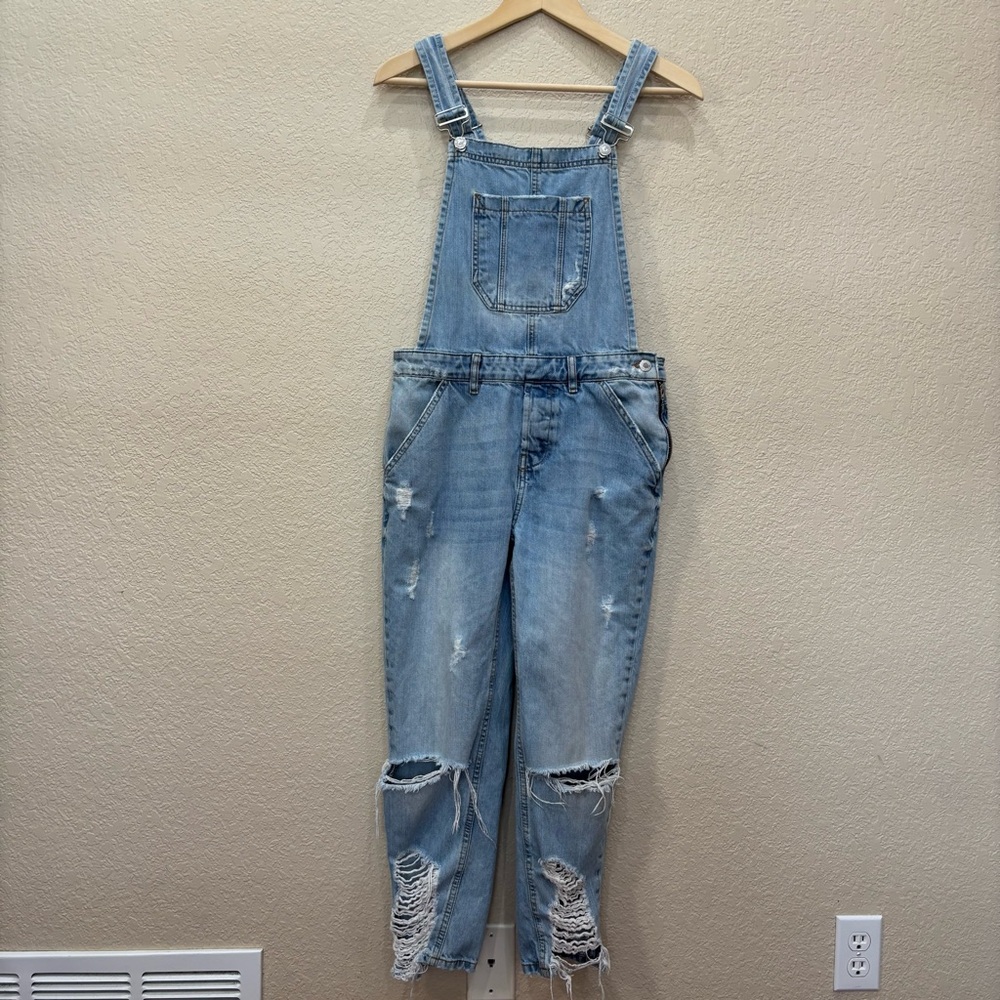 Zara Trafaluc Denim Blue Overalls Ripped Jumpsuit Size Small 90’s Y2K